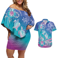 Polynesia Sea Turtle Couple Couples Matching Off Shoulder Short Dress and Hawaiian Shirt Love Is Life
