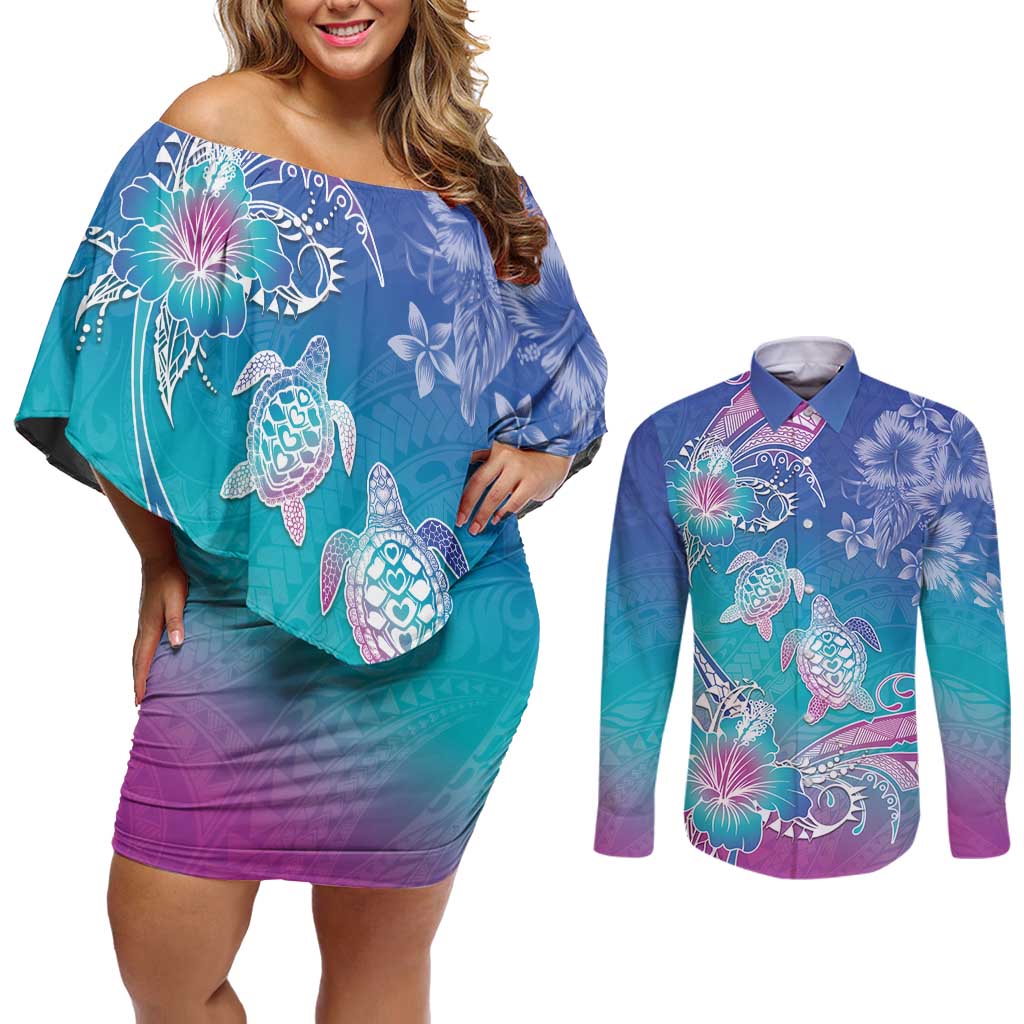 Polynesia Sea Turtle Couple Couples Matching Off Shoulder Short Dress and Long Sleeve Button Shirt Love Is Life