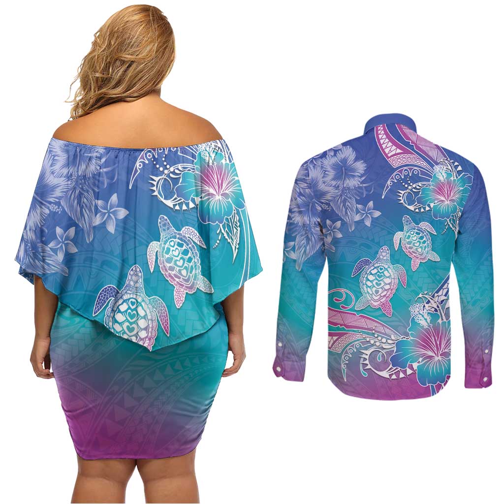 Polynesia Sea Turtle Couple Couples Matching Off Shoulder Short Dress and Long Sleeve Button Shirt Love Is Life