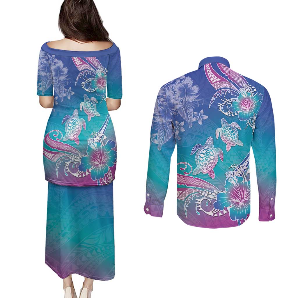 Polynesia Sea Turtle Couple Couples Matching Puletasi and Long Sleeve Button Shirt Love Is Life