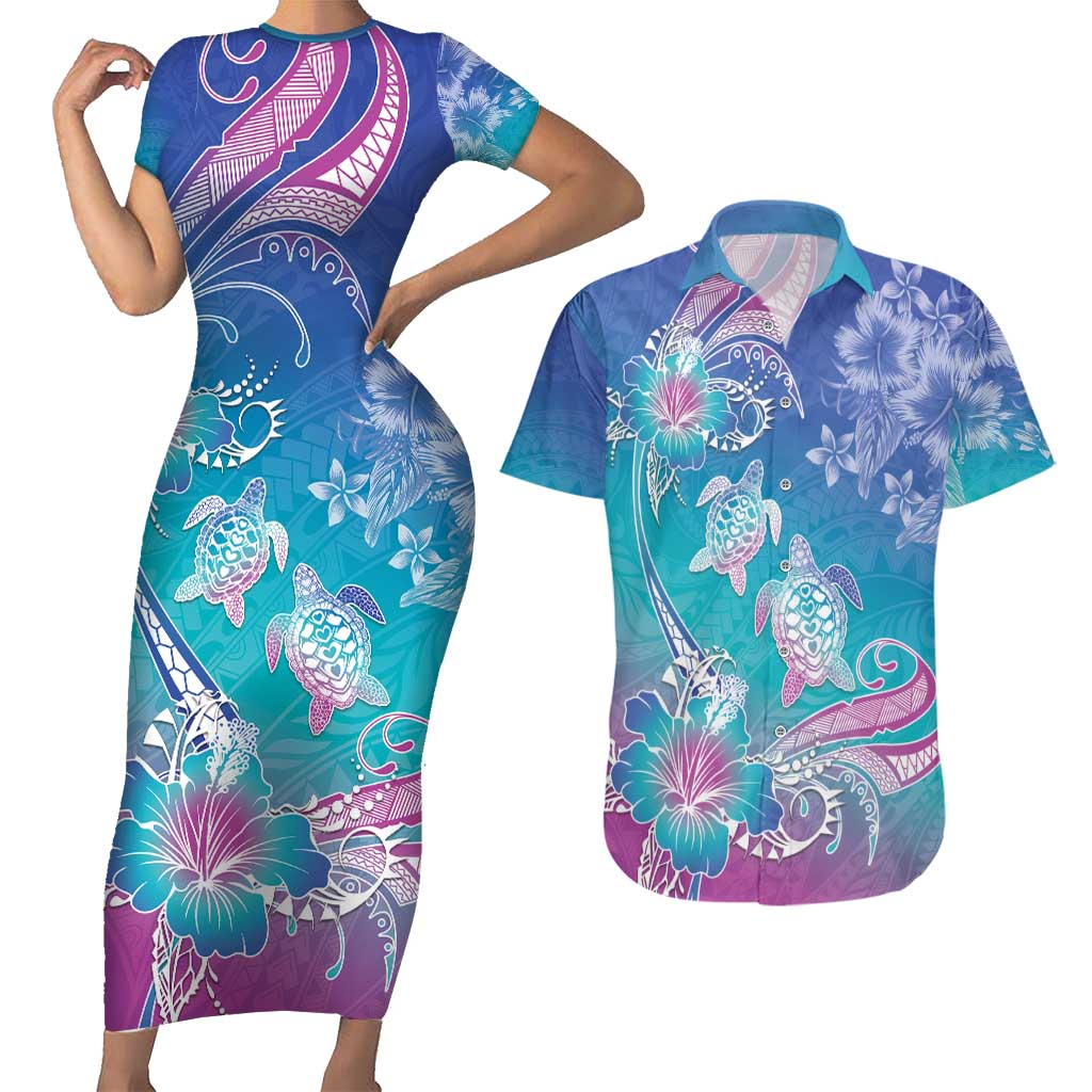 Polynesia Sea Turtle Couple Couples Matching Short Sleeve Bodycon Dress and Hawaiian Shirt Love Is Life