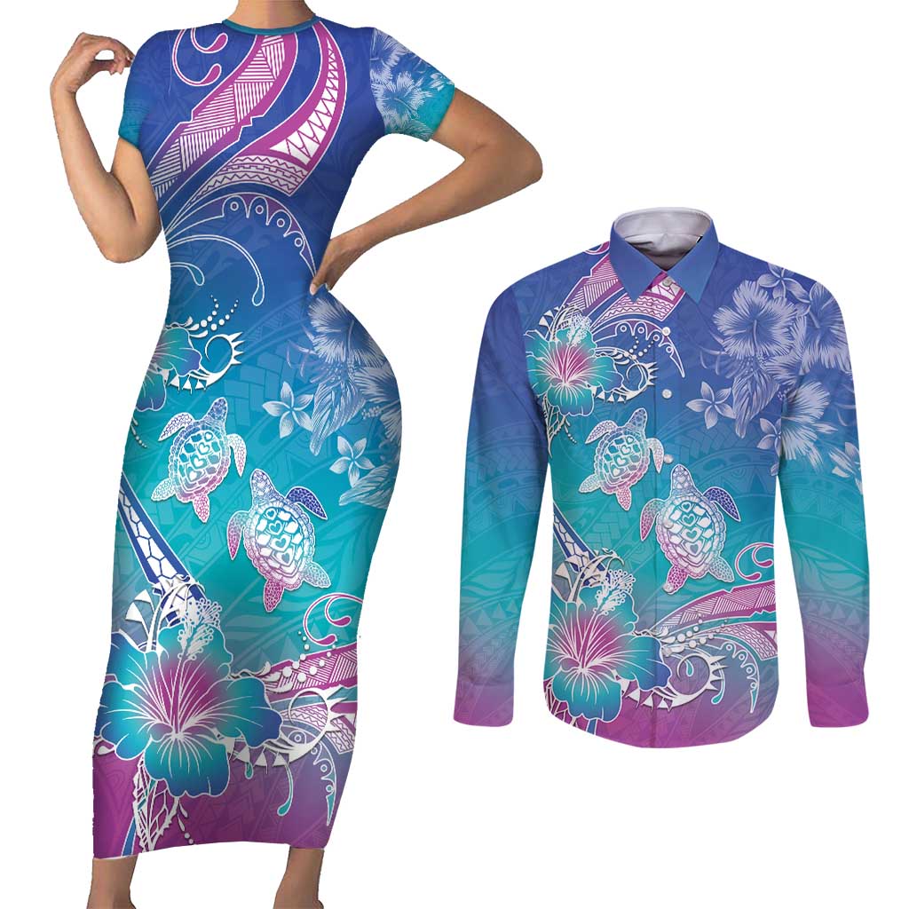 Polynesia Sea Turtle Couple Couples Matching Short Sleeve Bodycon Dress and Long Sleeve Button Shirt Love Is Life