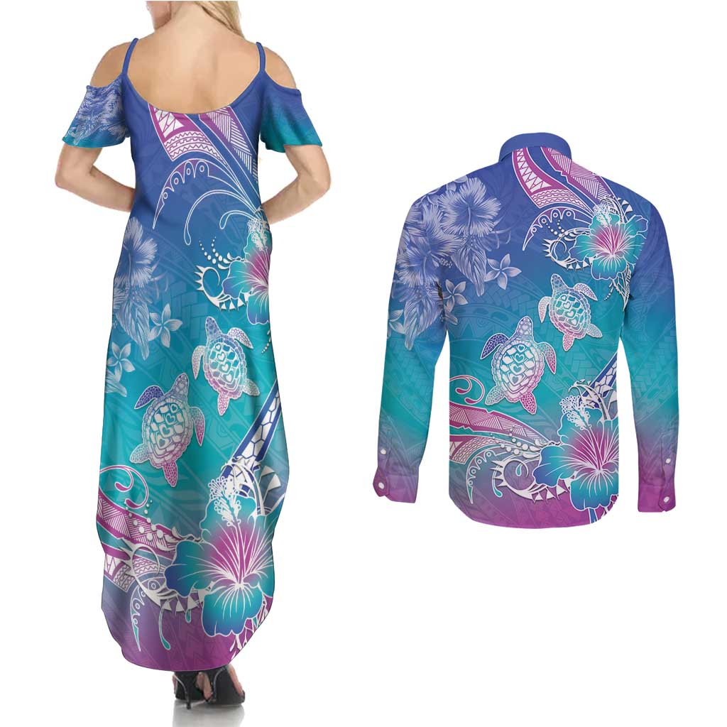 Polynesia Sea Turtle Couple Couples Matching Summer Maxi Dress and Long Sleeve Button Shirt Love Is Life