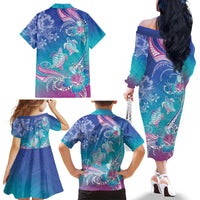 Polynesia Sea Turtle Couple Family Matching Off The Shoulder Long Sleeve Dress and Hawaiian Shirt Love Is Life