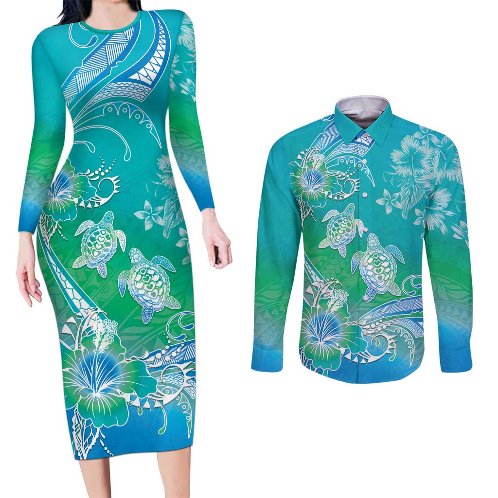 Polynesia Sea Turtle Couple Couples Matching Long Sleeve Bodycon Dress and Long Sleeve Button Shirt I Am Turtley In Love With You