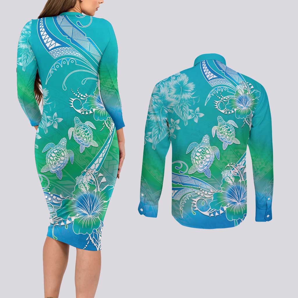 Polynesia Sea Turtle Couple Couples Matching Long Sleeve Bodycon Dress and Long Sleeve Button Shirt I Am Turtley In Love With You