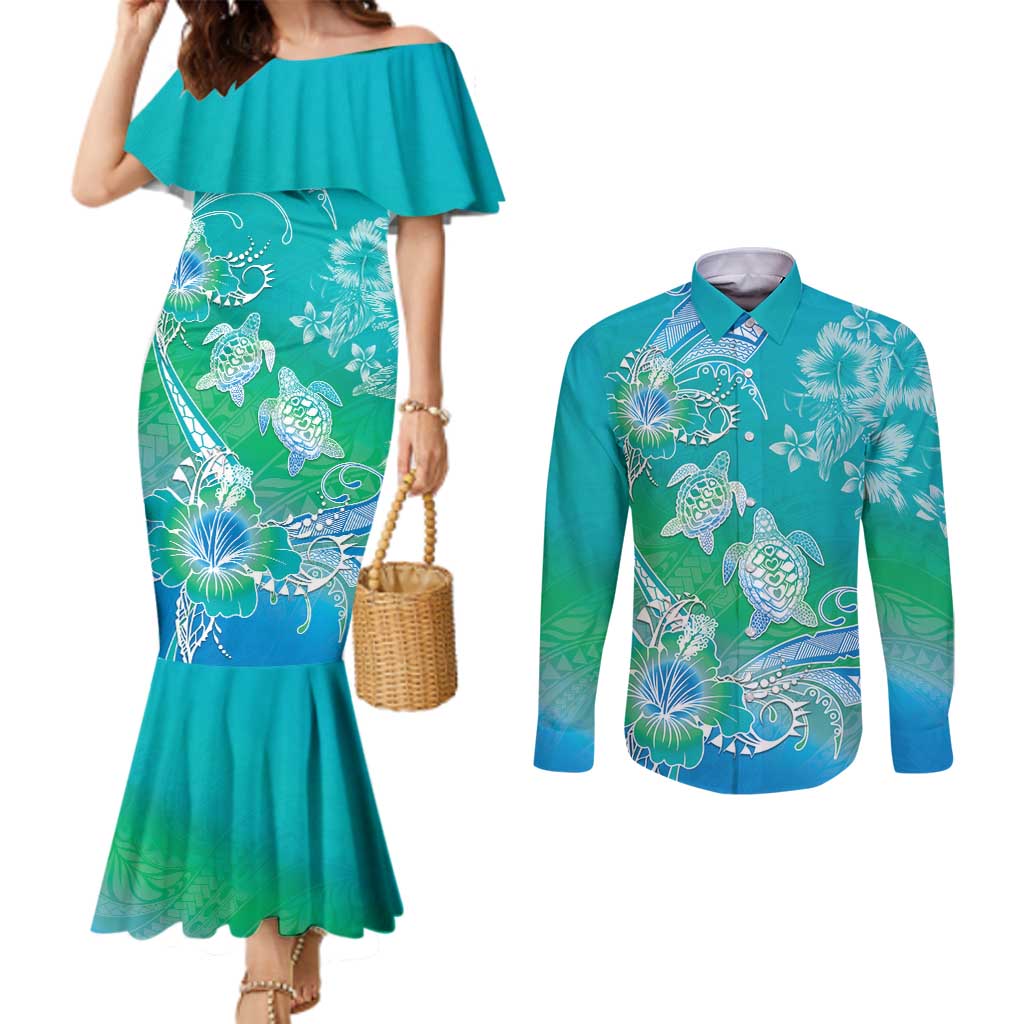 Polynesia Sea Turtle Couple Couples Matching Mermaid Dress and Long Sleeve Button Shirt I Am Turtley In Love With You
