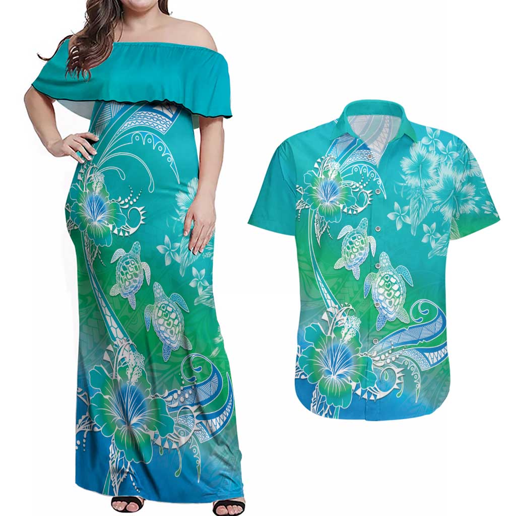Polynesia Sea Turtle Couple Couples Matching Off Shoulder Maxi Dress and Hawaiian Shirt I Am Turtley In Love With You