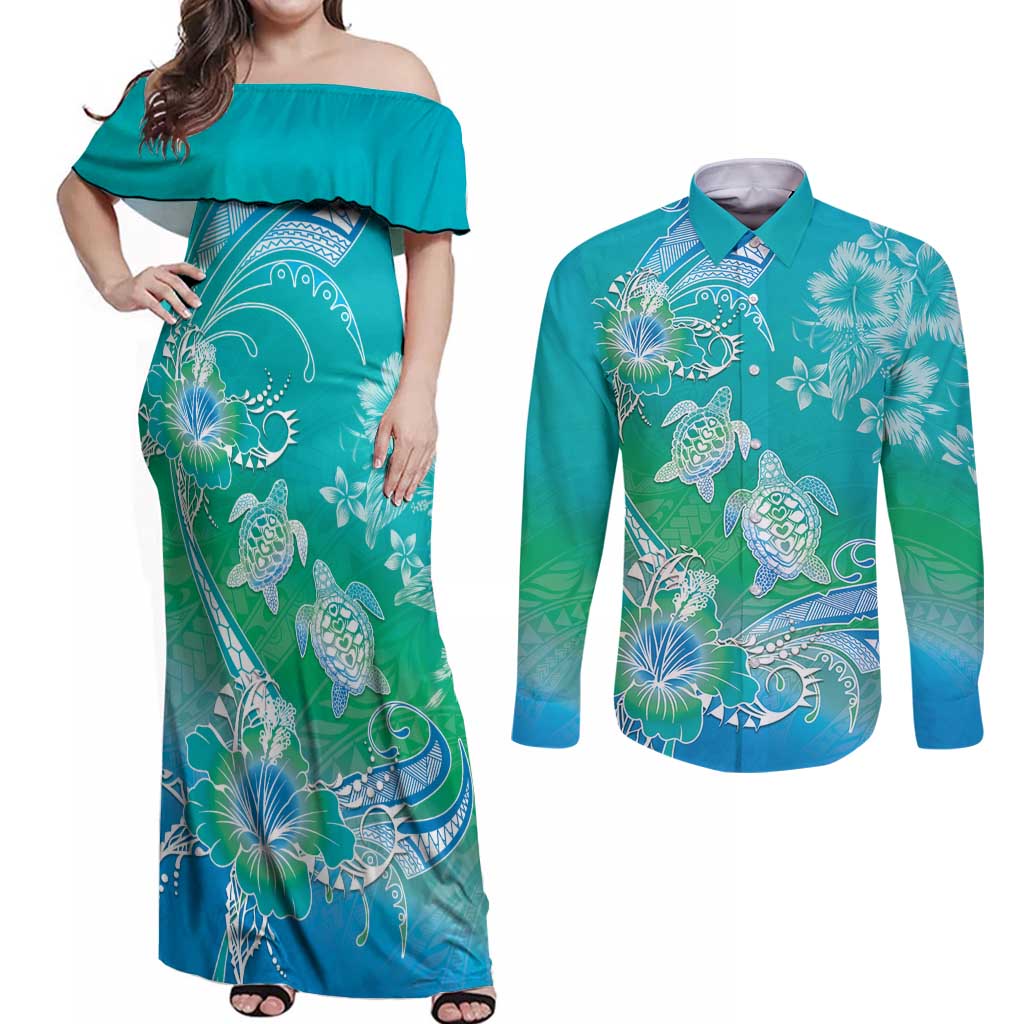 Polynesia Sea Turtle Couple Couples Matching Off Shoulder Maxi Dress and Long Sleeve Button Shirt I Am Turtley In Love With You