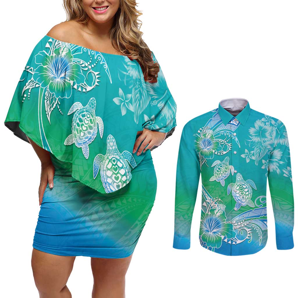 Polynesia Sea Turtle Couple Couples Matching Off Shoulder Short Dress and Long Sleeve Button Shirt I Am Turtley In Love With You