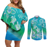 Polynesia Sea Turtle Couple Couples Matching Off Shoulder Short Dress and Long Sleeve Button Shirt I Am Turtley In Love With You