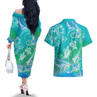 Polynesia Sea Turtle Couple Couples Matching Off The Shoulder Long Sleeve Dress and Hawaiian Shirt I Am Turtley In Love With You