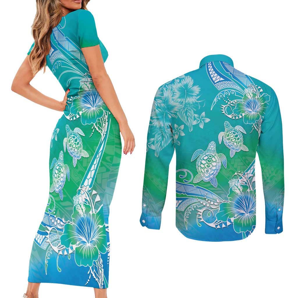 Polynesia Sea Turtle Couple Couples Matching Short Sleeve Bodycon Dress and Long Sleeve Button Shirt I Am Turtley In Love With You
