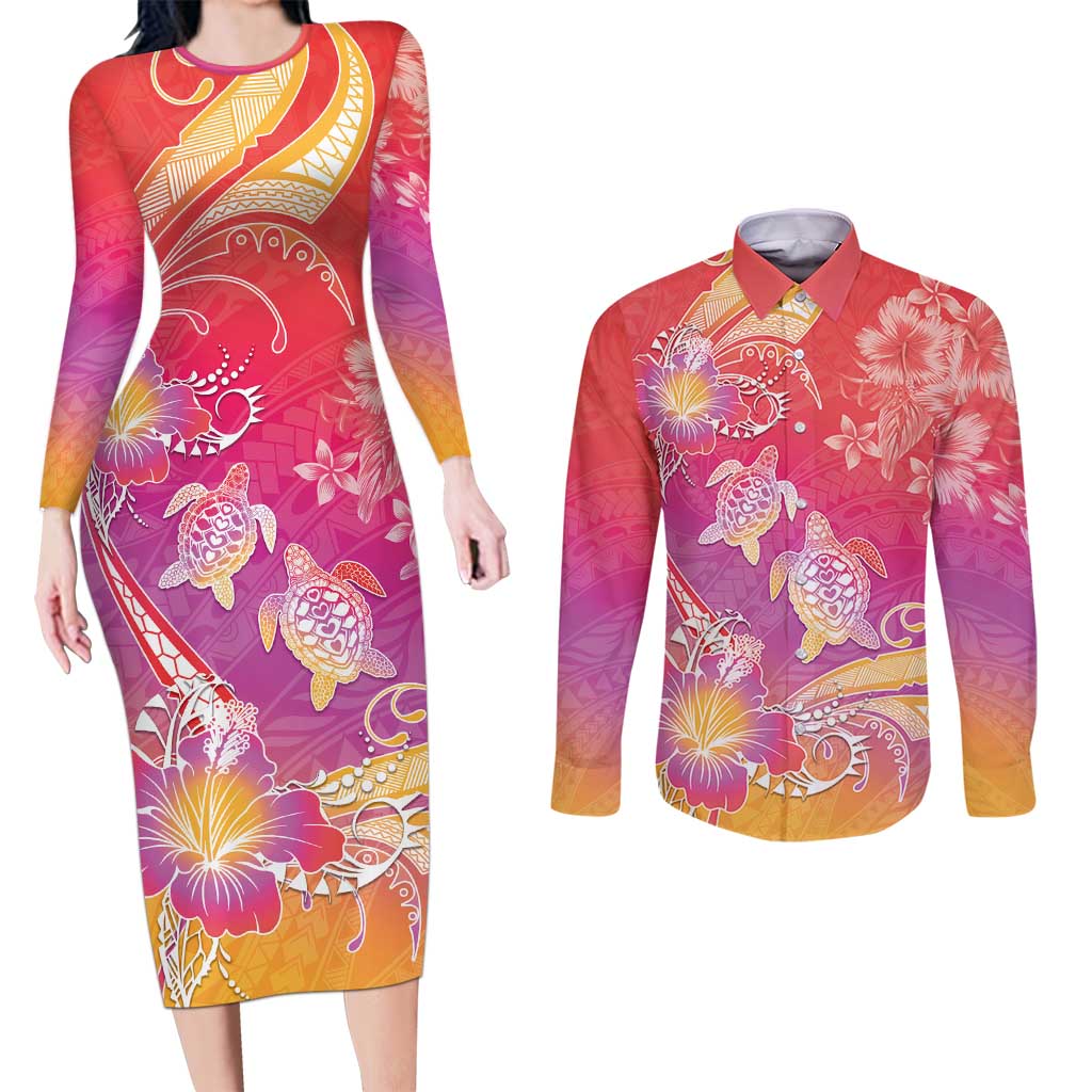 Polynesia Sea Turtle Couple Couples Matching Long Sleeve Bodycon Dress and Long Sleeve Button Shirt One Soul One Love