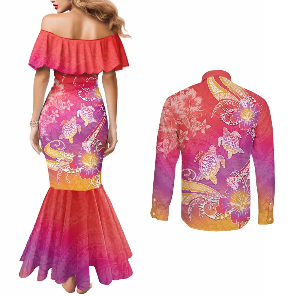 Polynesia Sea Turtle Couple Couples Matching Mermaid Dress and Long Sleeve Button Shirt One Soul One Love