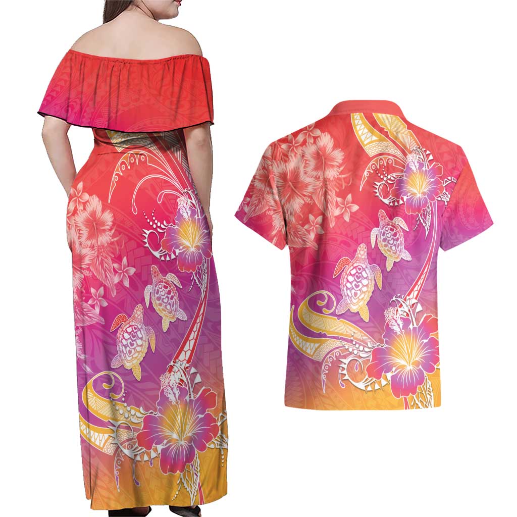 Polynesia Sea Turtle Couple Couples Matching Off Shoulder Maxi Dress and Hawaiian Shirt One Soul One Love