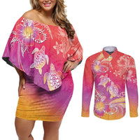 Polynesia Sea Turtle Couple Couples Matching Off Shoulder Short Dress and Long Sleeve Button Shirt One Soul One Love