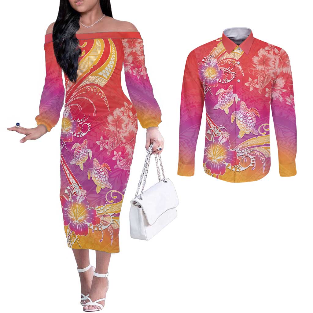 Polynesia Sea Turtle Couple Couples Matching Off The Shoulder Long Sleeve Dress and Long Sleeve Button Shirt One Soul One Love
