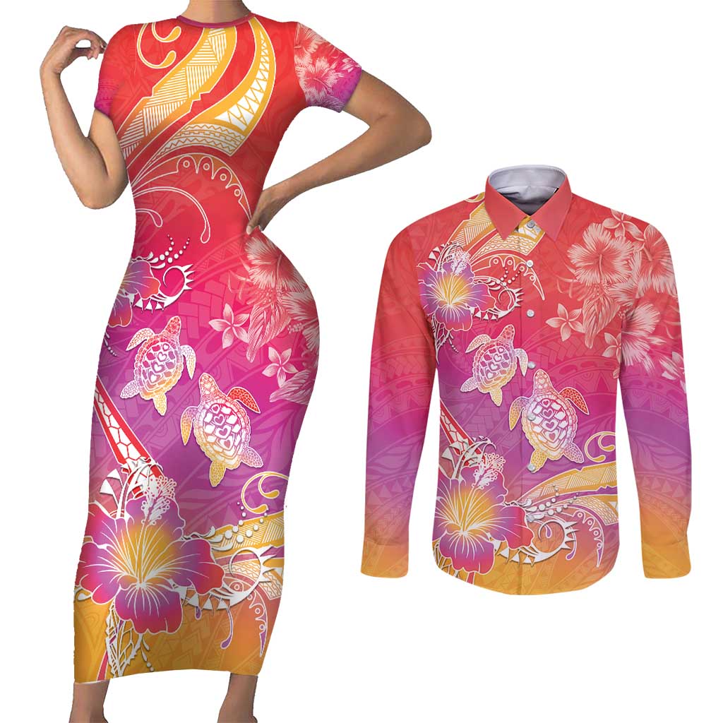 Polynesia Sea Turtle Couple Couples Matching Short Sleeve Bodycon Dress and Long Sleeve Button Shirt One Soul One Love