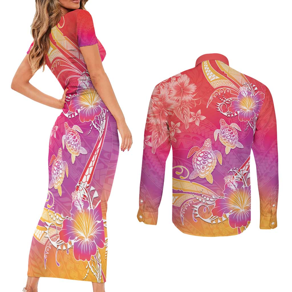 Polynesia Sea Turtle Couple Couples Matching Short Sleeve Bodycon Dress and Long Sleeve Button Shirt One Soul One Love