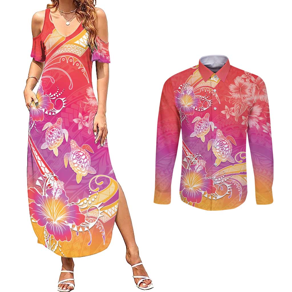 Polynesia Sea Turtle Couple Couples Matching Summer Maxi Dress and Long Sleeve Button Shirt One Soul One Love