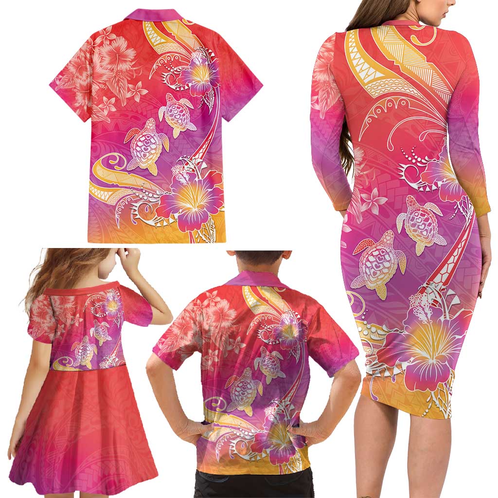 Polynesia Sea Turtle Couple Family Matching Long Sleeve Bodycon Dress and Hawaiian Shirt One Soul One Love