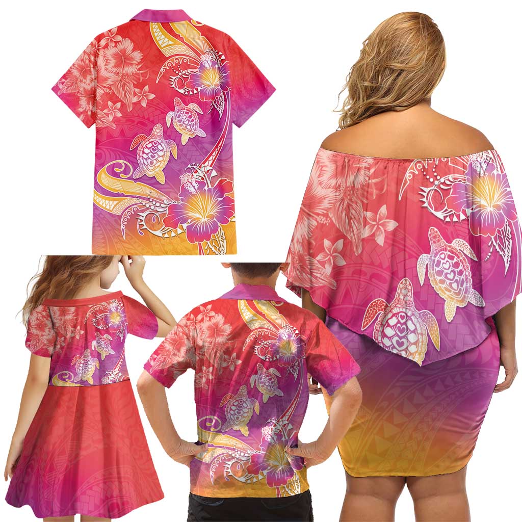 Polynesia Sea Turtle Couple Family Matching Off Shoulder Short Dress and Hawaiian Shirt One Soul One Love