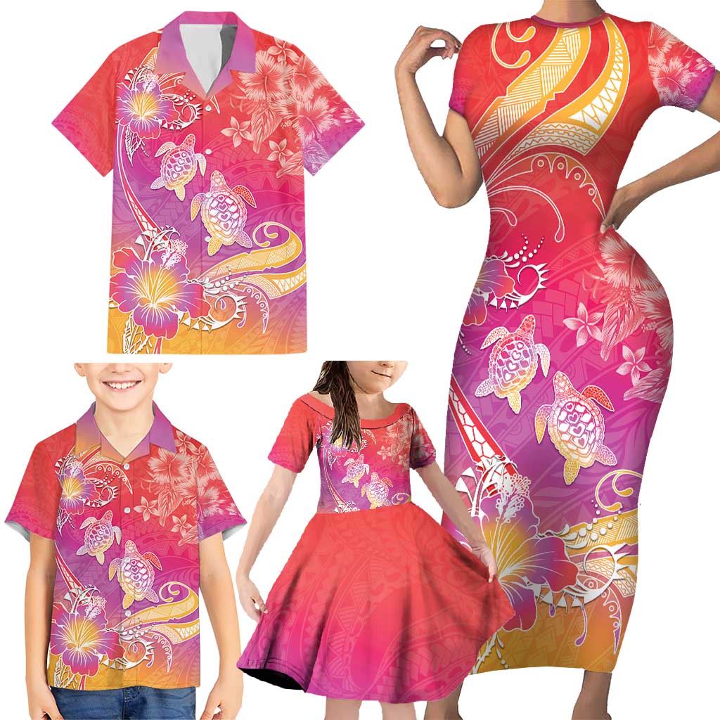Polynesia Sea Turtle Couple Family Matching Short Sleeve Bodycon Dress and Hawaiian Shirt One Soul One Love