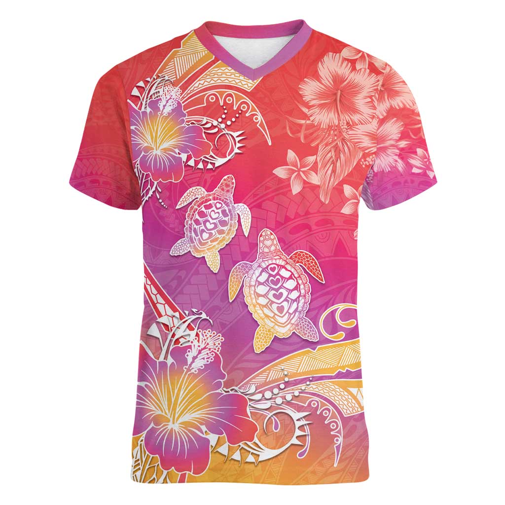 Polynesia Sea Turtle Couple Women V-Neck T-Shirt One Soul One Love