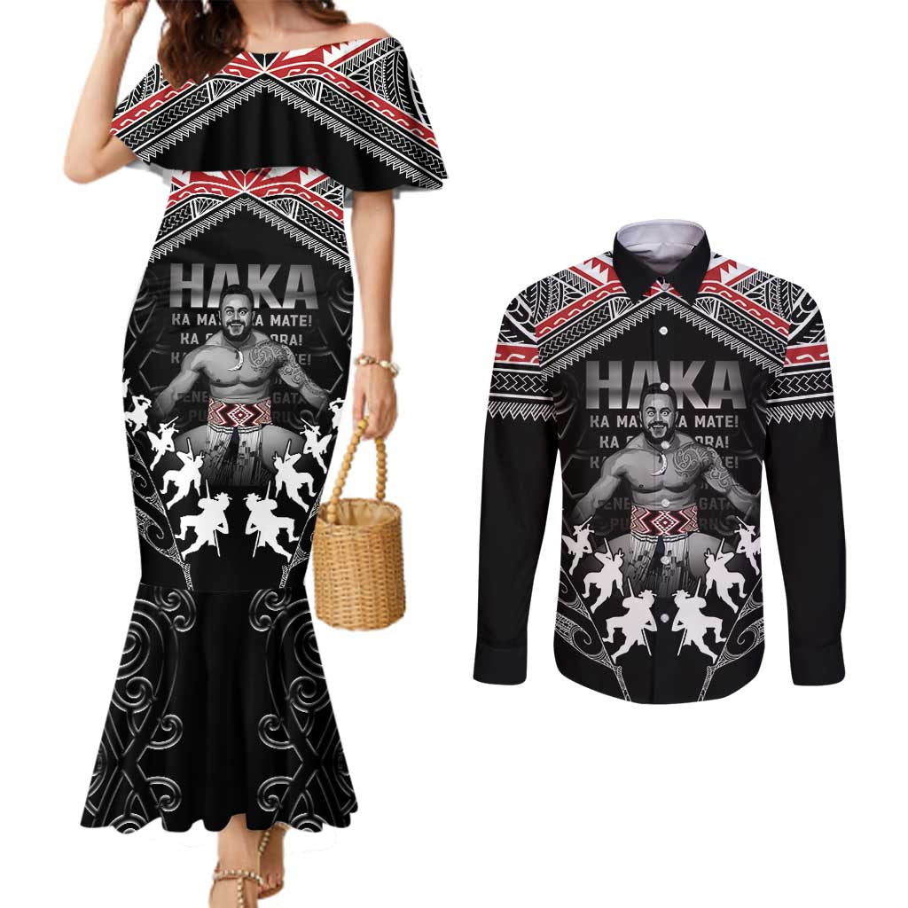 New Zealand Aotearoa Couples Matching Mermaid Dress and Long Sleeve Button Shirt Traditional Kapa Haka LT05 Black - Polynesian Pride