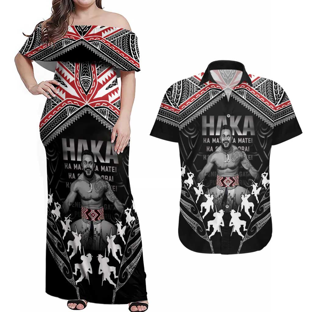 New Zealand Aotearoa Couples Matching Off Shoulder Maxi Dress and Hawaiian Shirt Traditional Kapa Haka LT05 Black - Polynesian Pride
