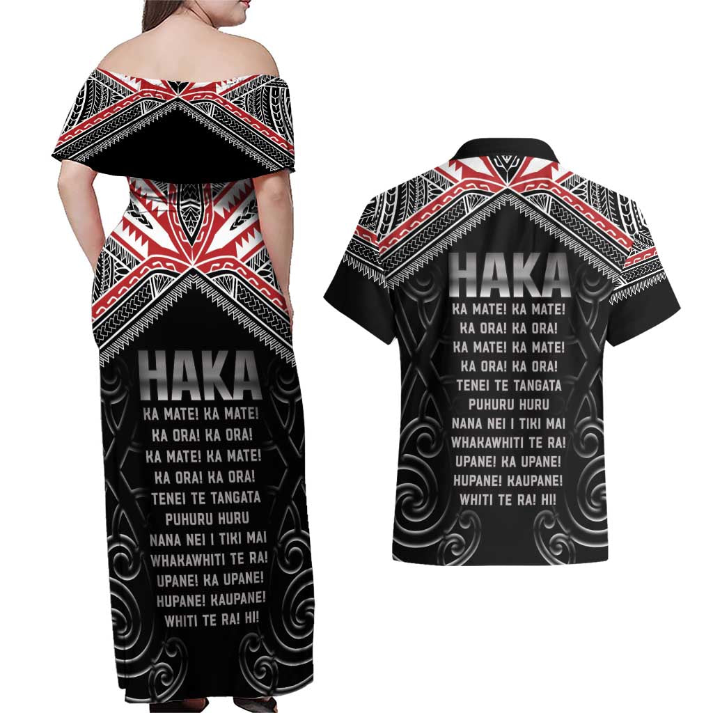New Zealand Aotearoa Couples Matching Off Shoulder Maxi Dress and Hawaiian Shirt Traditional Kapa Haka LT05 - Polynesian Pride