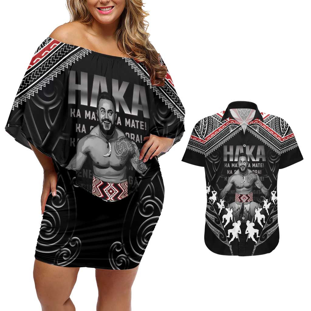 New Zealand Aotearoa Couples Matching Off Shoulder Short Dress and Hawaiian Shirt Traditional Kapa Haka