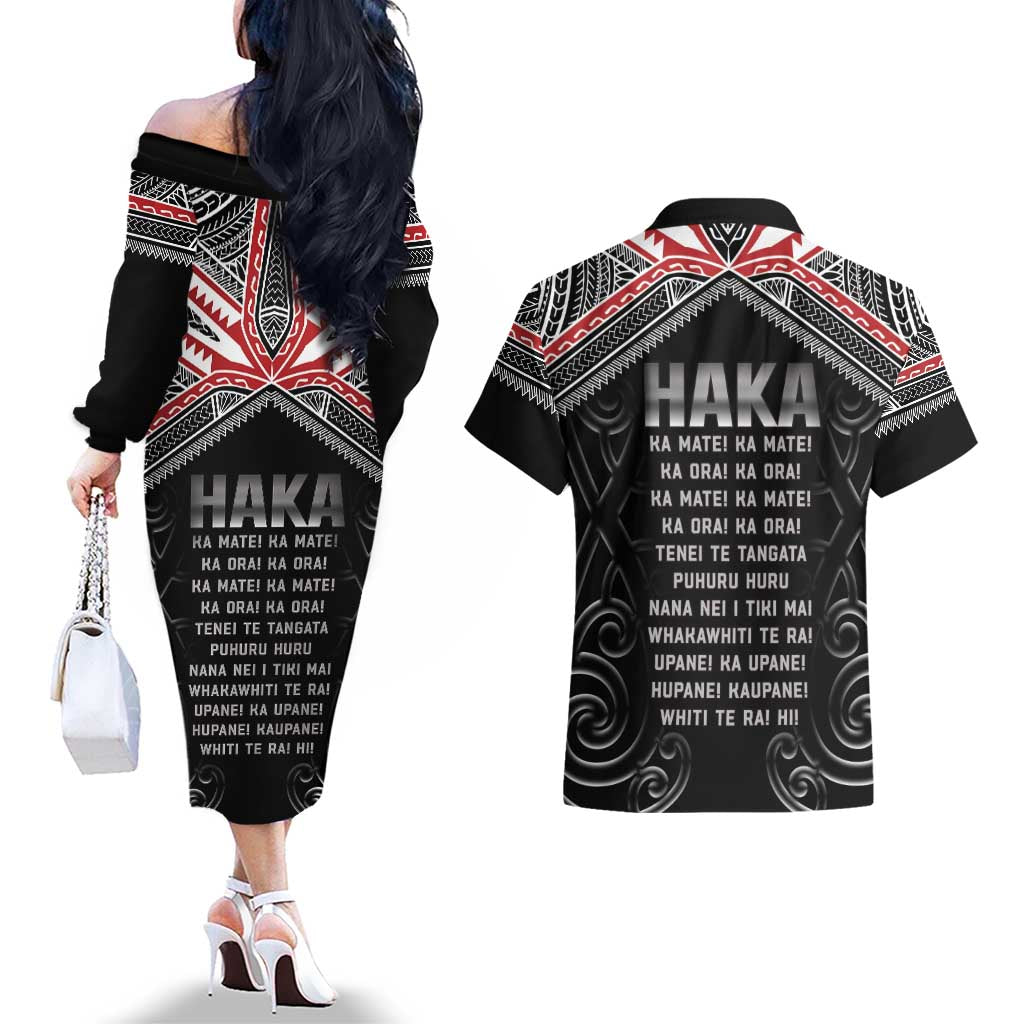 New Zealand Aotearoa Couples Matching Off The Shoulder Long Sleeve Dress and Hawaiian Shirt Traditional Kapa Haka