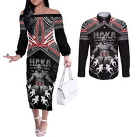 New Zealand Aotearoa Couples Matching Off The Shoulder Long Sleeve Dress and Long Sleeve Button Shirt Traditional Kapa Haka LT05 Black - Polynesian Pride