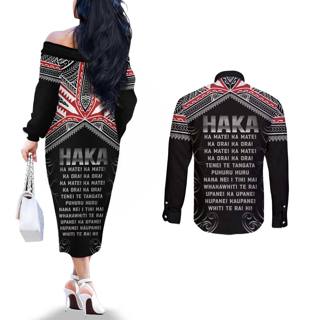 New Zealand Aotearoa Couples Matching Off The Shoulder Long Sleeve Dress and Long Sleeve Button Shirt Traditional Kapa Haka LT05 - Polynesian Pride