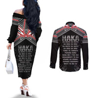 New Zealand Aotearoa Couples Matching Off The Shoulder Long Sleeve Dress and Long Sleeve Button Shirt Traditional Kapa Haka LT05 - Polynesian Pride