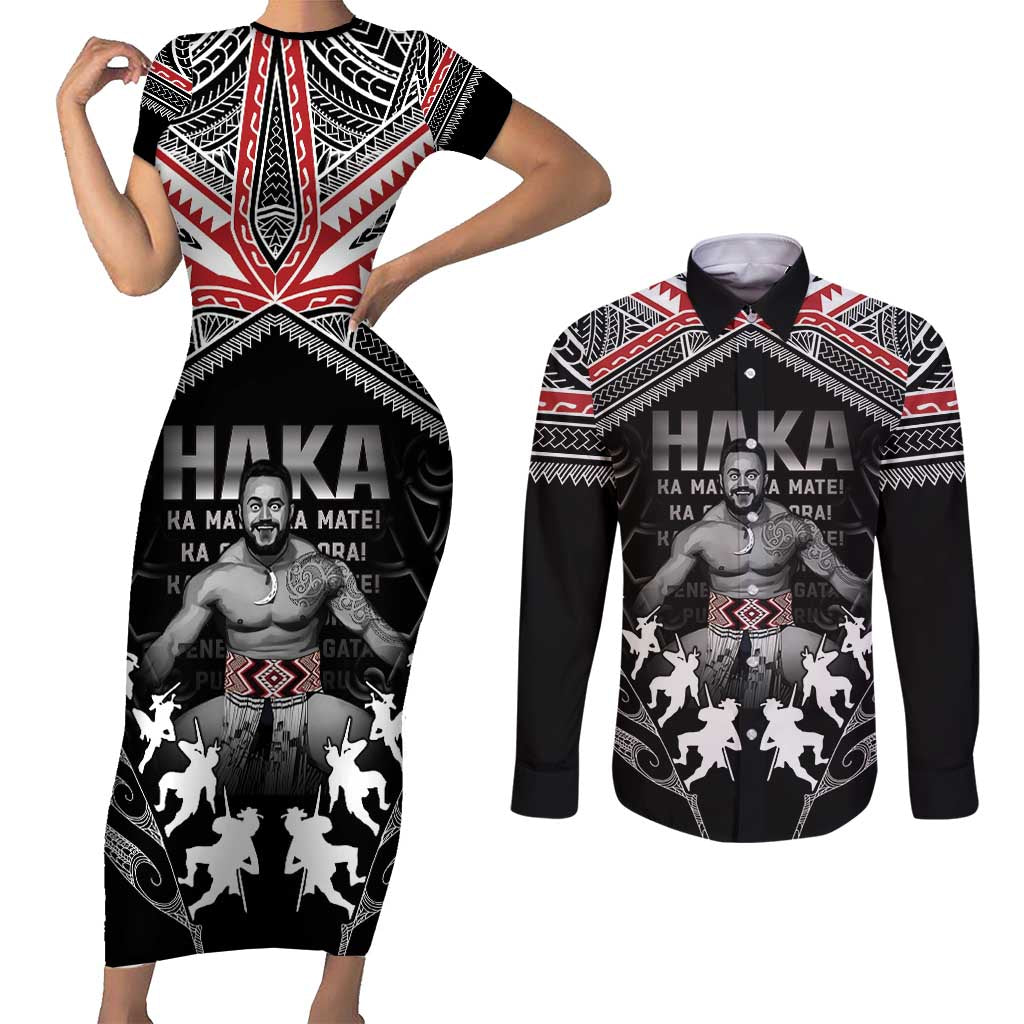 New Zealand Aotearoa Couples Matching Short Sleeve Bodycon Dress and Long Sleeve Button Shirt Traditional Kapa Haka LT05 Black - Polynesian Pride