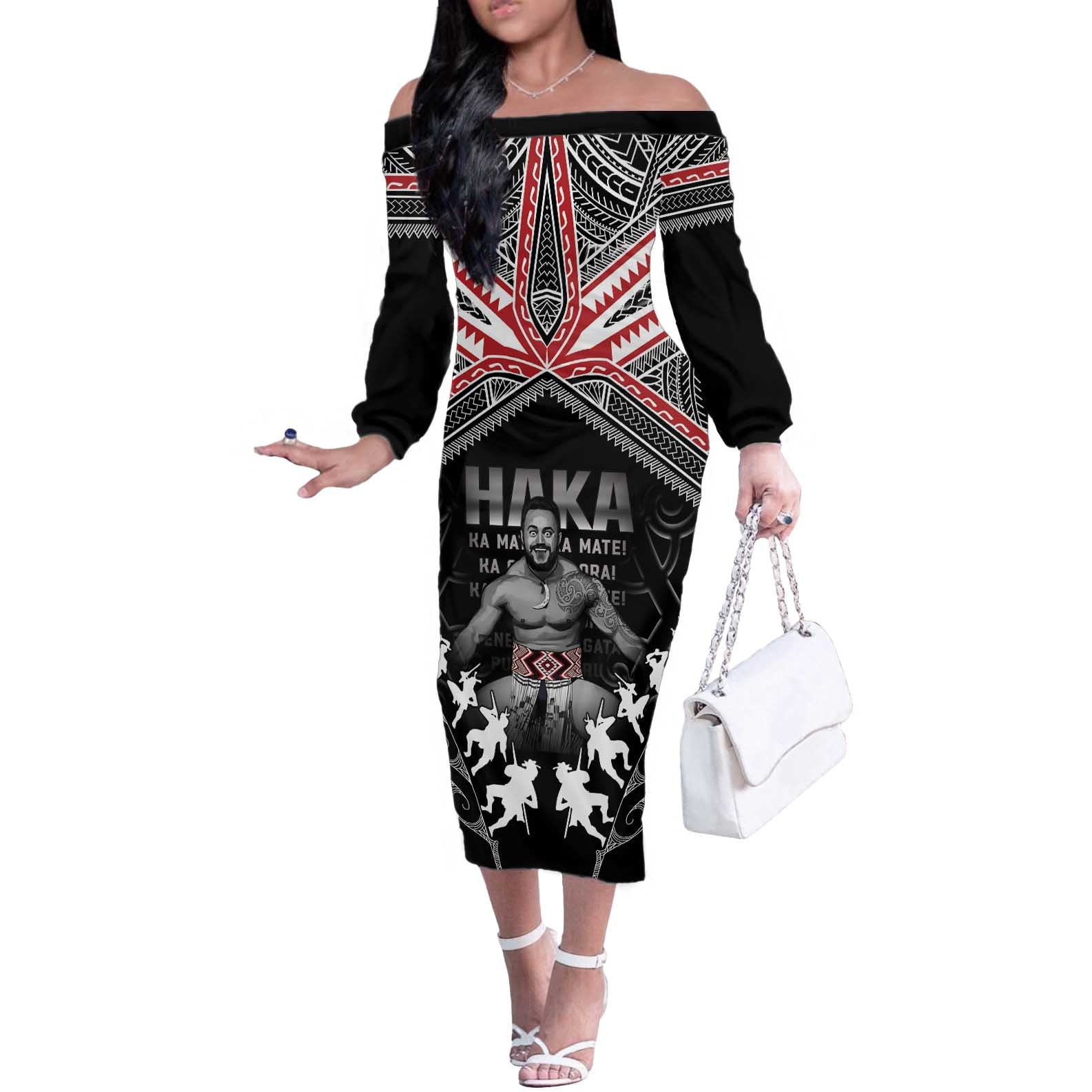 New Zealand Aotearoa Off The Shoulder Long Sleeve Dress Traditional Kapa Haka