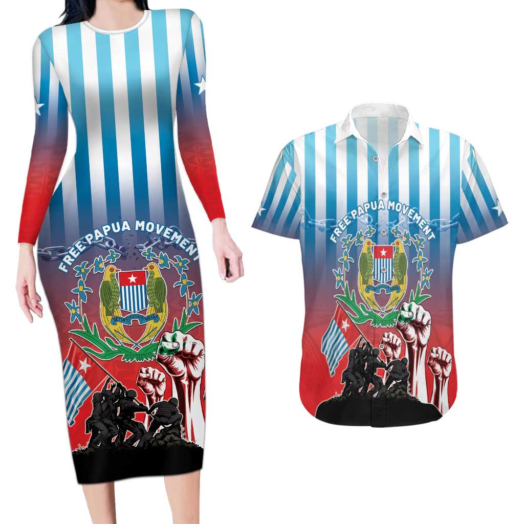 Personalised Free West Papua Couples Matching Long Sleeve Bodycon Dress and Hawaiian Shirt One People One Soul Unique Style LT05 Blue - Polynesian Pride