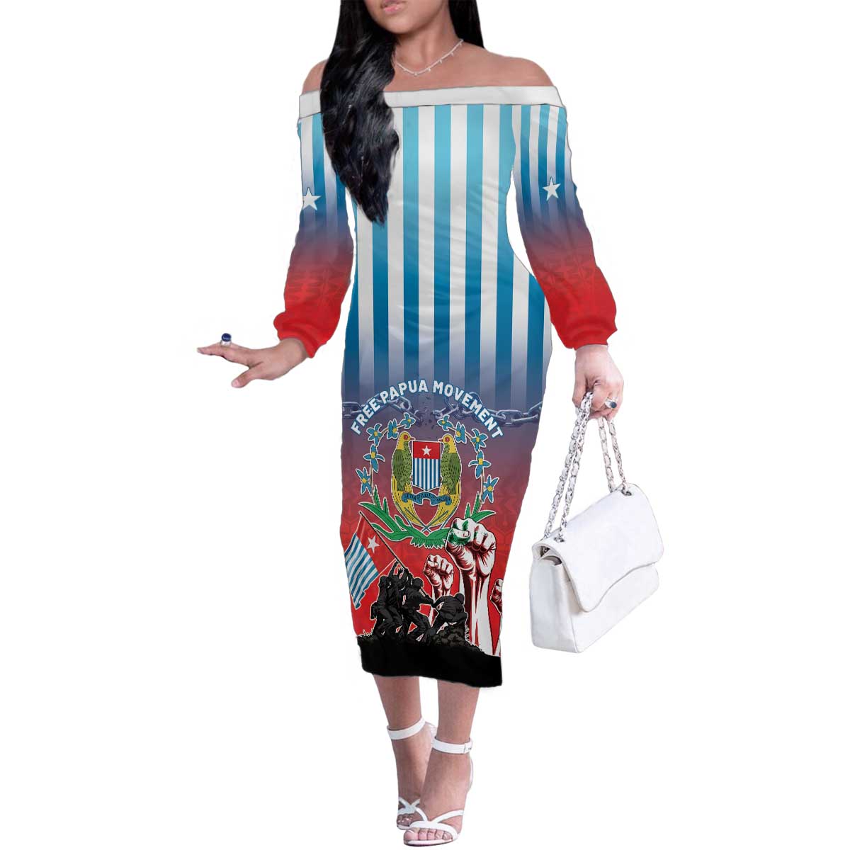 Personalised Free West Papua Family Matching Off The Shoulder Long Sleeve Dress and Hawaiian Shirt One People One Soul Unique Style LT05 Mom's Dress Blue - Polynesian Pride