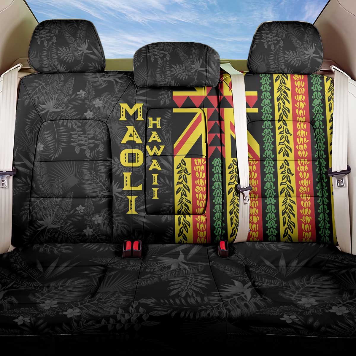 Hawaii Maoli Spirit Back Car Seat Cover Kakau Pattern With Flower Lei - Polynesian Pride
