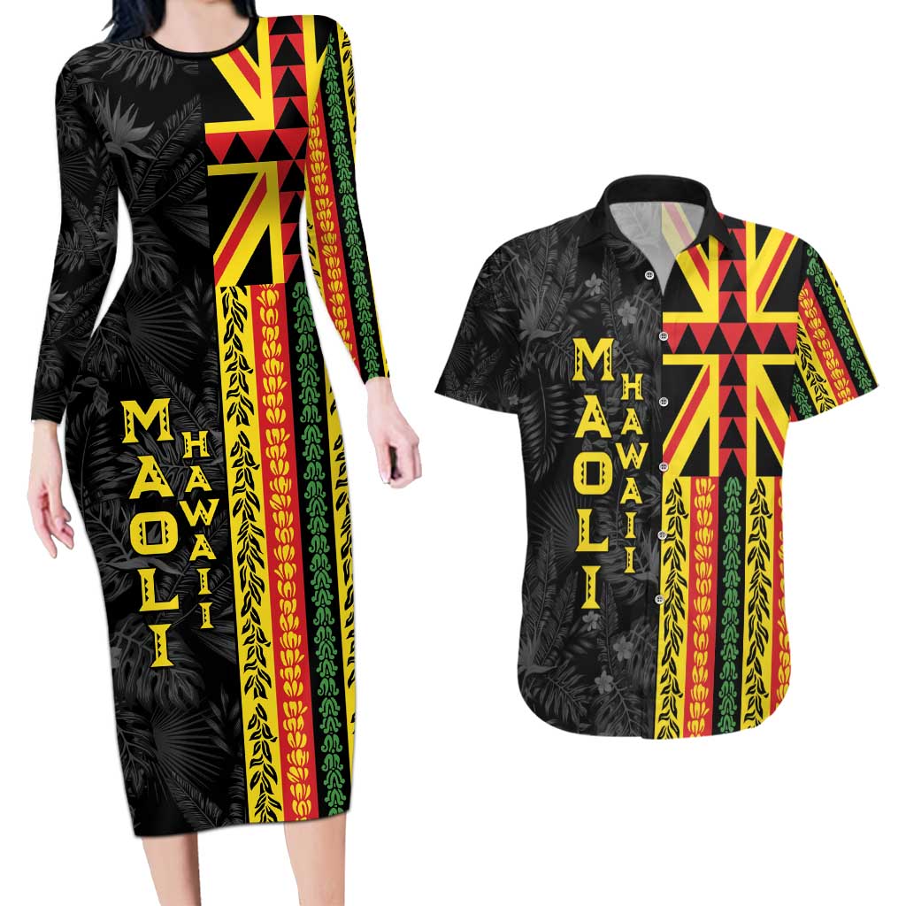 Hawaii Maoli Spirit Couples Matching Long Sleeve Bodycon Dress and Hawaiian Shirt Kakau Pattern With Flower Lei LT05 Black - Polynesian Pride