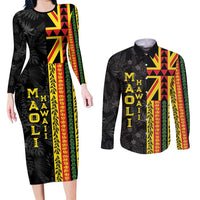 Hawaii Maoli Spirit Couples Matching Long Sleeve Bodycon Dress and Long Sleeve Button Shirt Kakau Pattern With Flower Lei - Polynesian Pride