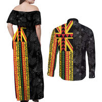 Hawaii Maoli Spirit Couples Matching Off Shoulder Maxi Dress and Long Sleeve Button Shirt Kakau Pattern With Flower Lei - Polynesian Pride