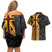 Hawaii Maoli Spirit Couples Matching Off Shoulder Short Dress and Hawaiian Shirt Kakau Pattern With Flower Lei - Polynesian Pride