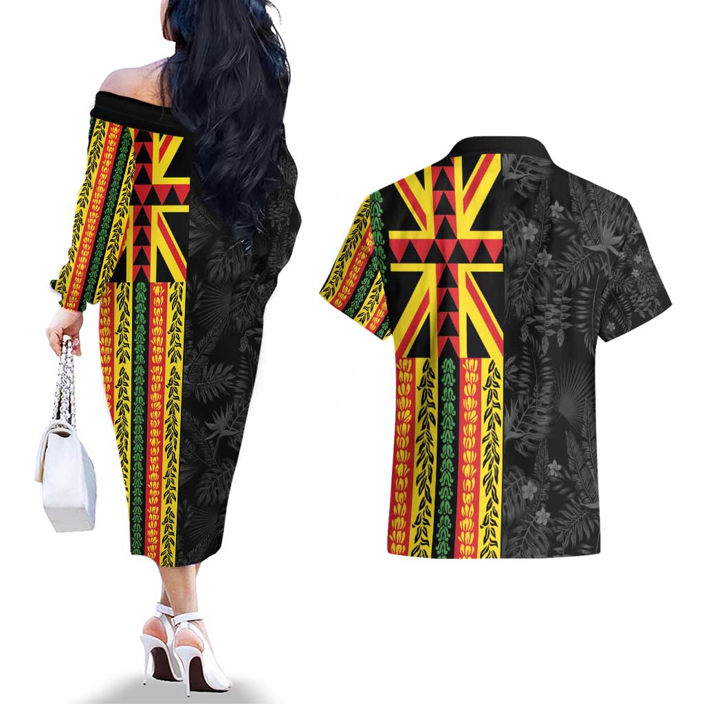 Hawaii Maoli Spirit Couples Matching Off The Shoulder Long Sleeve Dress and Hawaiian Shirt Kakau Pattern With Flower Lei LT05 - Polynesian Pride