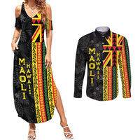 Hawaii Maoli Spirit Couples Matching Summer Maxi Dress and Long Sleeve Button Shirt Kakau Pattern With Flower Lei - Polynesian Pride