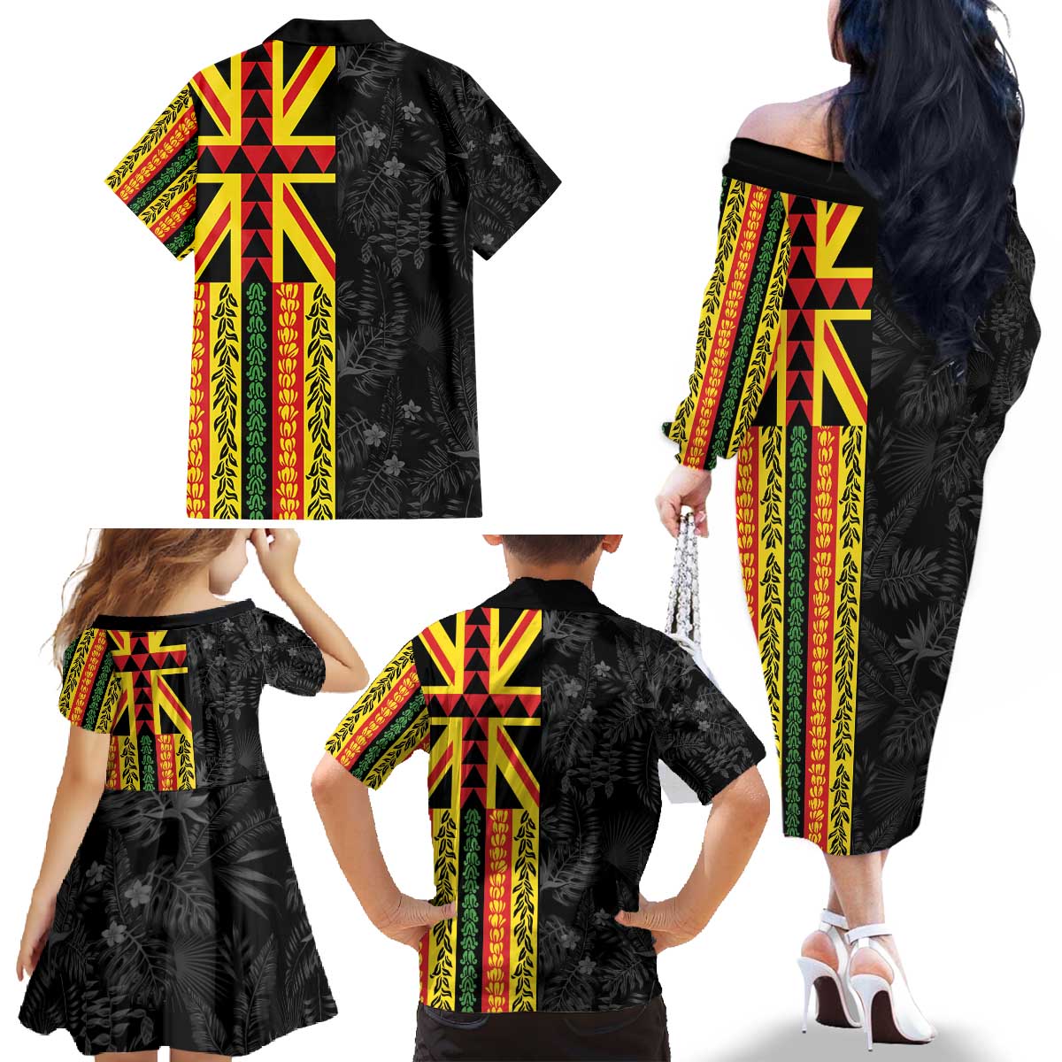 Hawaii Maoli Spirit Family Matching Off The Shoulder Long Sleeve Dress and Hawaiian Shirt Kakau Pattern With Flower Lei LT05 - Polynesian Pride