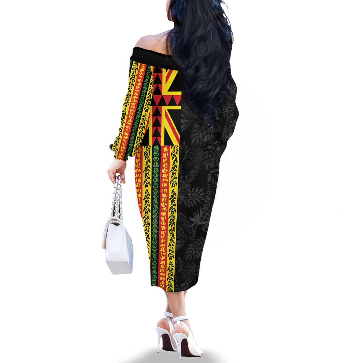 Hawaii Maoli Spirit Family Matching Off The Shoulder Long Sleeve Dress and Hawaiian Shirt Kakau Pattern With Flower Lei LT05 - Polynesian Pride